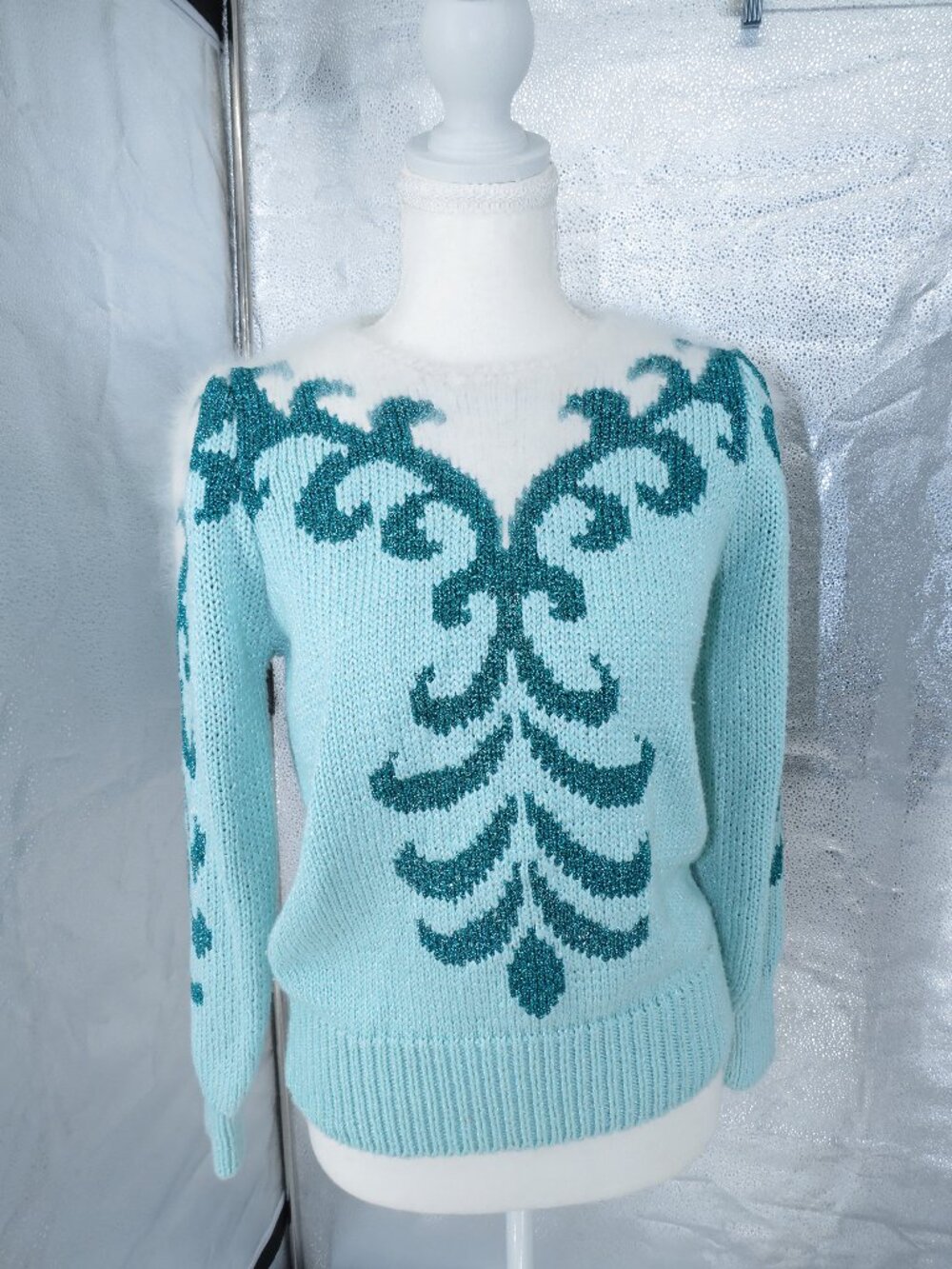 Vintage 80s Aqua Sweater Fur Trim Sparkle Metallic Teal Size Small Glitz Glam